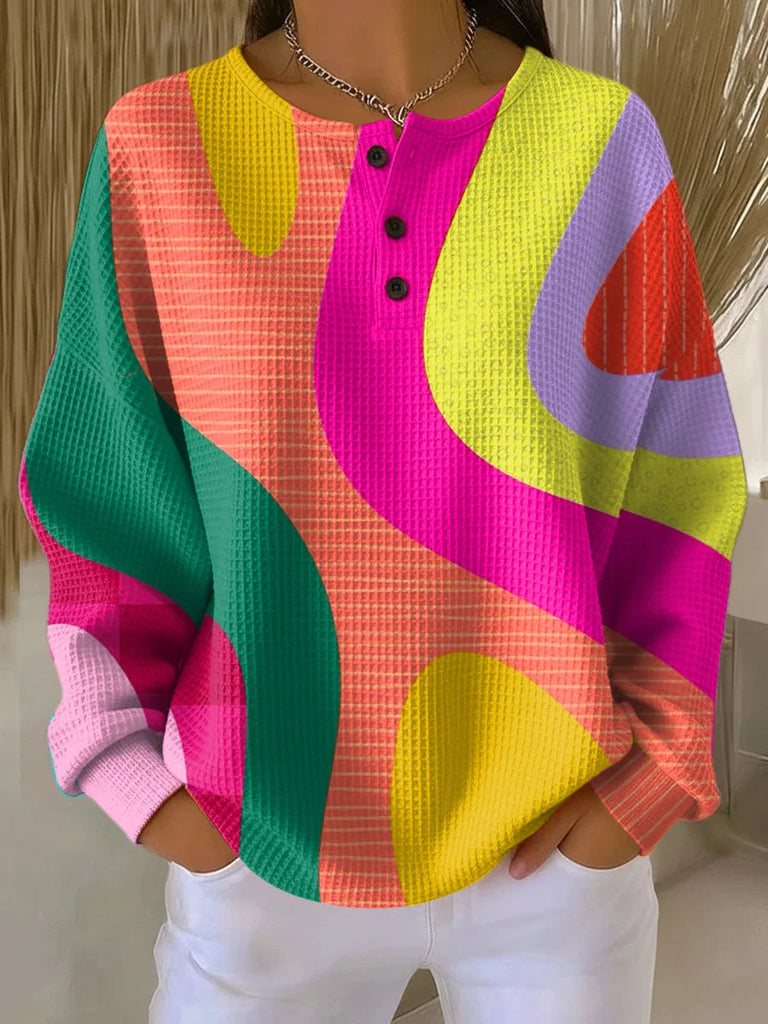 Aleksandra | Damska bluza z geometrycznym wzorem i nadrukiem, casualowa bluza z waflowym wzorem
