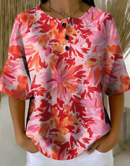 Amelia | Damska retro wielokolorowa gradientowa patchworkowa abstrakcja wzory drukowany obraz Casual bawełniana koszula waflowa