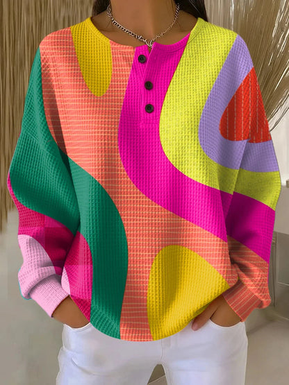 Aleksandra | Damska bluza z geometrycznym wzorem i nadrukiem, casualowa bluza z waflowym wzorem