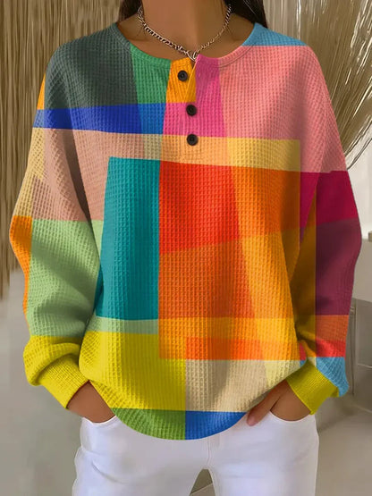 Monika | Damska bluza z geometrycznym wzorem i nadrukiem, casualowa bluza z waflowym wzorem
