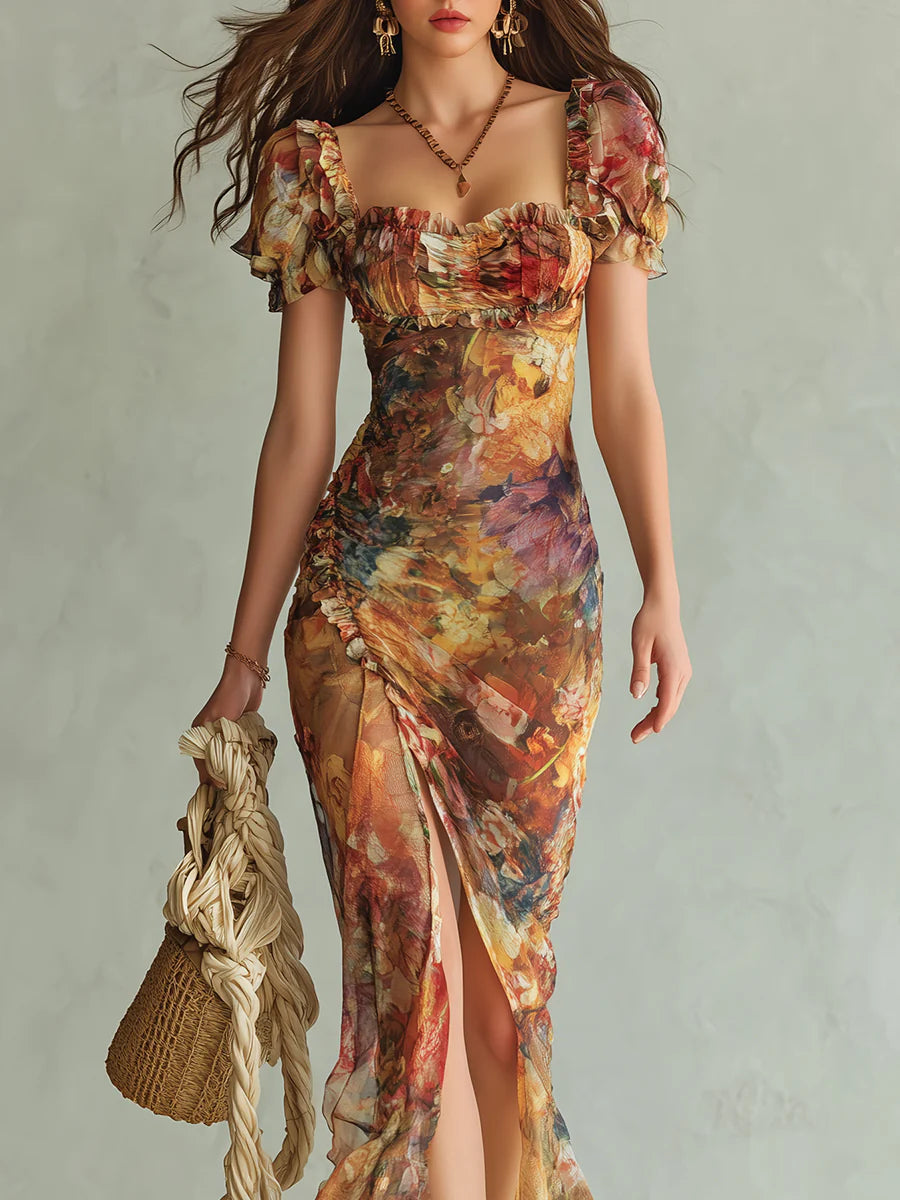Viola | Długa Sukienka Maxi z Szyfonu w Artystyczny Kwiatowy Print Boho