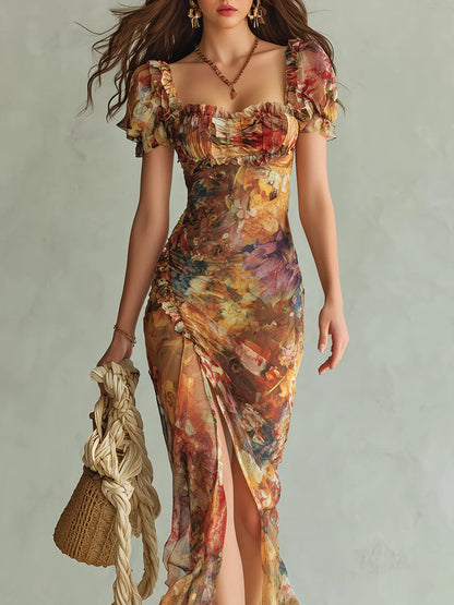 Viola | Długa Sukienka Maxi z Szyfonu w Artystyczny Kwiatowy Print Boho