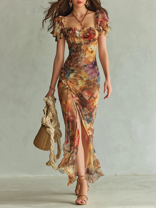 Viola | Długa Sukienka Maxi z Szyfonu w Artystyczny Kwiatowy Print Boho