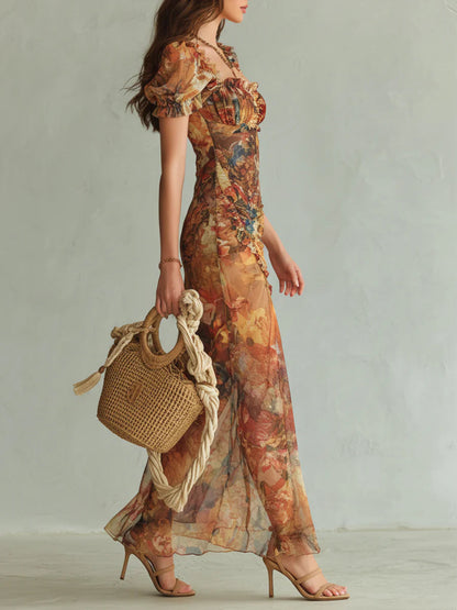 Viola | Długa Sukienka Maxi z Szyfonu w Artystyczny Kwiatowy Print Boho