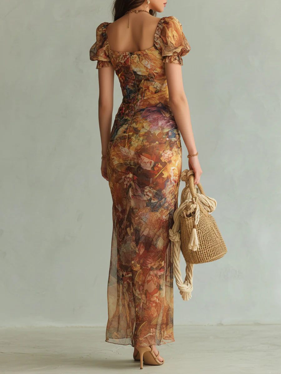 Viola | Długa Sukienka Maxi z Szyfonu w Artystyczny Kwiatowy Print Boho