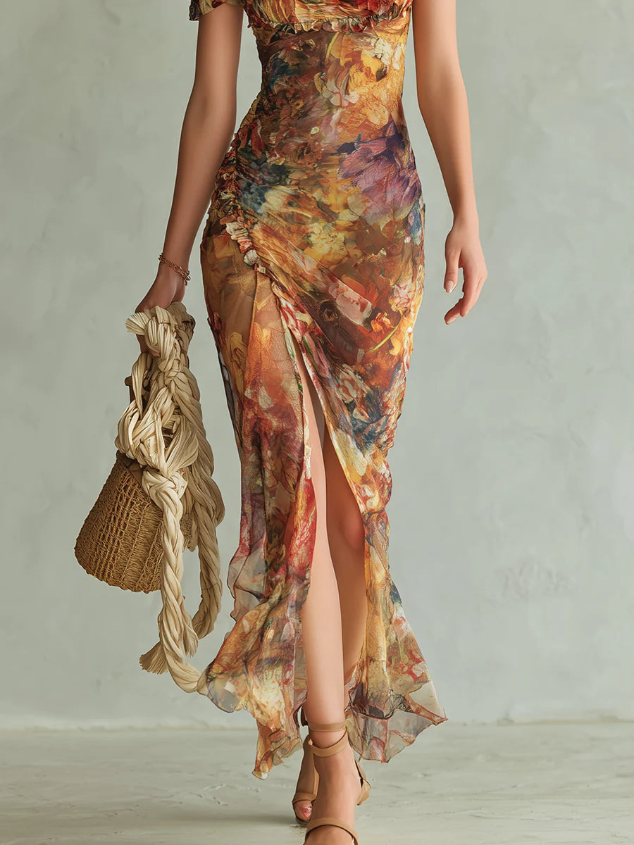 Viola | Długa Sukienka Maxi z Szyfonu w Artystyczny Kwiatowy Print Boho