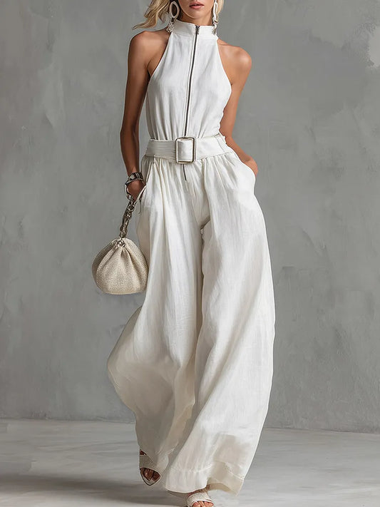Elegancki kombinezon miejski – z paskiem, bez rękawów, z szerokimi nogawkami