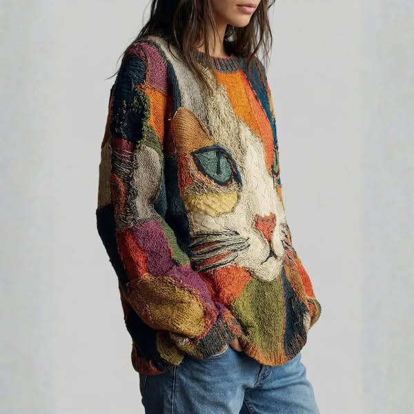 Kornelia | Artystyczna bluza z motywem kota – Boho Vintage