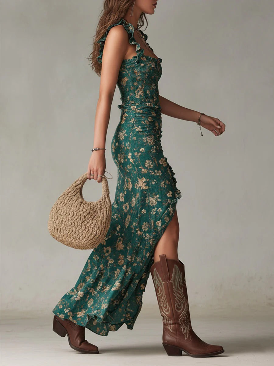 Zara | Sukienka maxi w stylu retro boho z lejącymi rękawami i rozcięciem po bokach