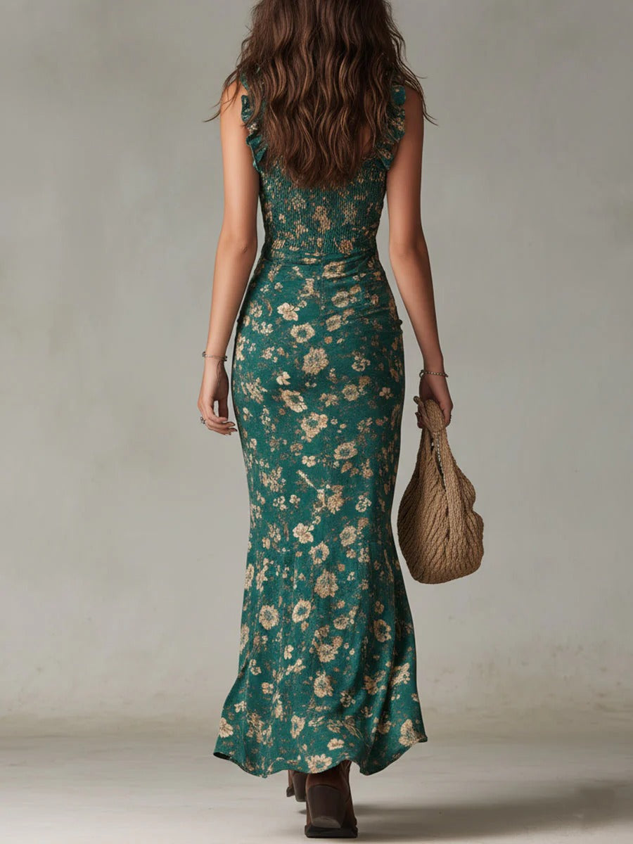 Zara | Sukienka maxi w stylu retro boho z lejącymi rękawami i rozcięciem po bokach